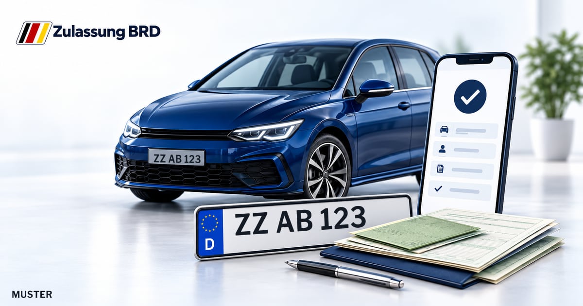 Online Fahrzeugzulassung in Zeitz: Musterkennzeichen ZZ AB 123, Auto und Fahrzeugpapiere und Smartphone. Illustration mit Logo von Zulassung BRD.